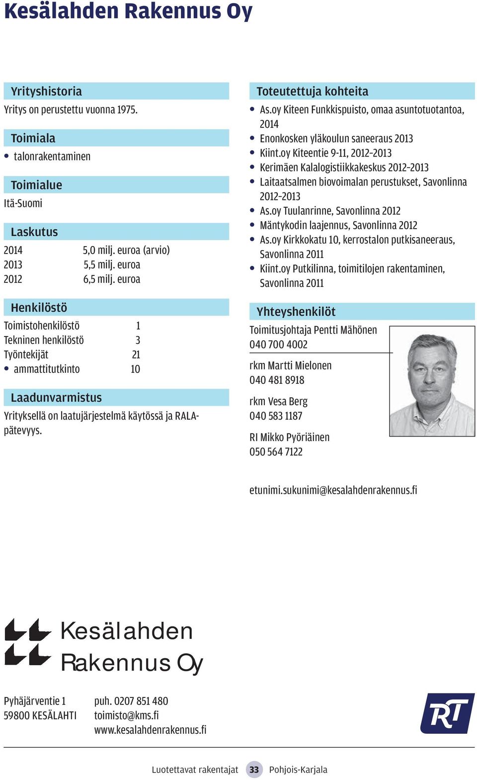 oy Kiteen Funkkispuisto, omaa asuntotuotantoa, 2014 Enonkosken yläkoulun saneeraus 2013 Kiint.