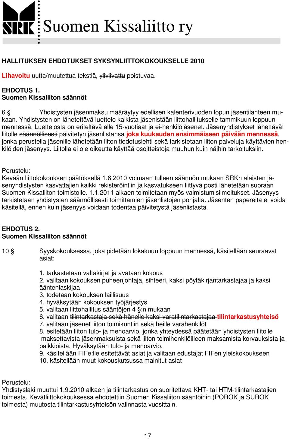 Yhdistysten on lähetettävä luettelo kaikista jäsenistään liittohallitukselle tammikuun loppuun mennessä. Luettelosta on eriteltävä alle 15-vuotiaat ja ei-henkilöjäsenet.