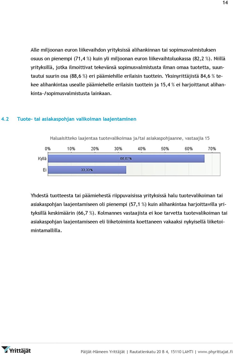 Yksinyrittäjistä 84,6 % tekee alihankintaa usealle päämiehelle erilaisin tuottein ja 15,4 % ei harjoittanut alihankinta-/sopimusvalmistusta lainkaan. 4.