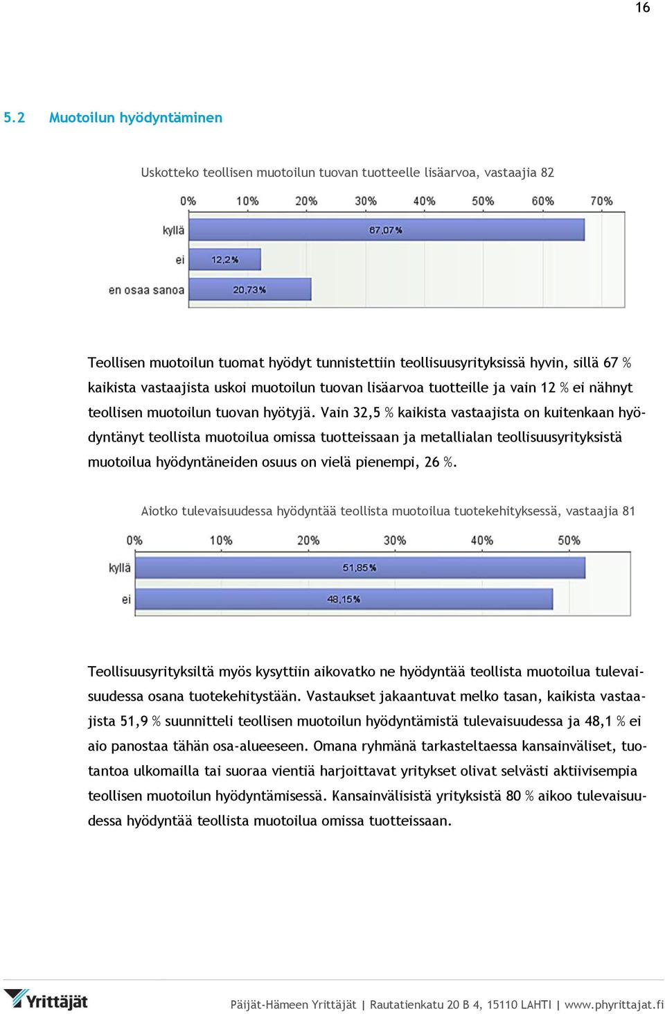 Vain 32,5 % kaikista vastaajista on kuitenkaan hyödyntänyt teollista muotoilua omissa tuotteissaan ja metallialan teollisuusyrityksistä muotoilua hyödyntäneiden osuus on vielä pienempi, 26 %.