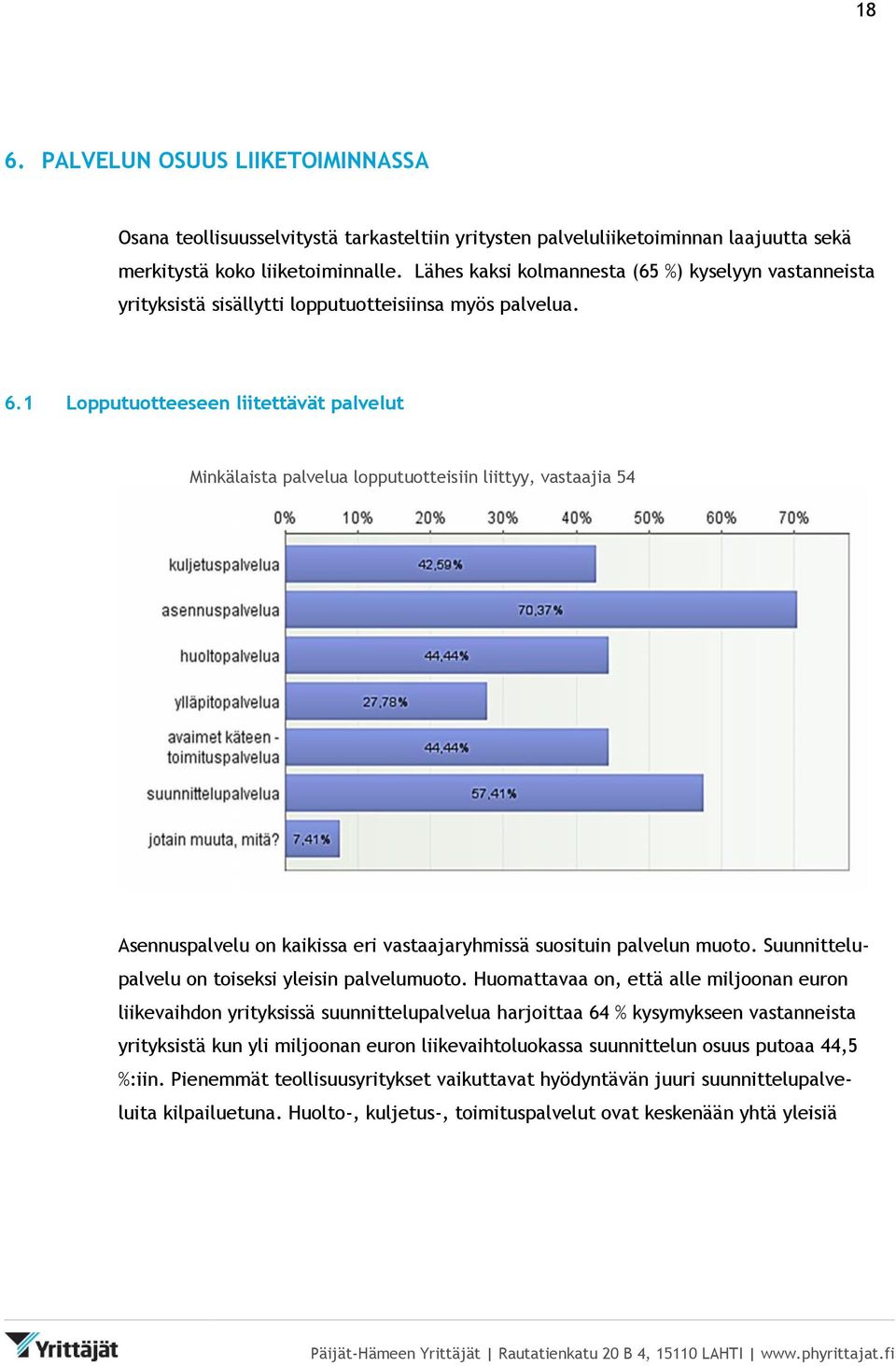 1 Lopputuotteeseen liitettävät palvelut Minkälaista palvelua lopputuotteisiin liittyy, vastaajia 54 Asennuspalvelu on kaikissa eri vastaajaryhmissä suosituin palvelun muoto.