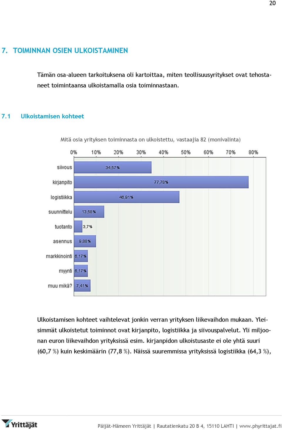 1 Ulkoistamisen kohteet Mitä osia yrityksen toiminnasta on ulkoistettu, vastaajia 82 (monivalinta) Ulkoistamisen kohteet vaihtelevat jonkin verran