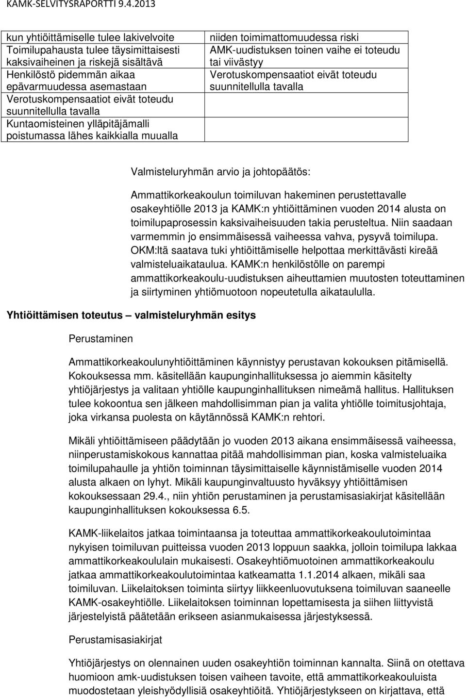 Verotuskompensaatiot eivät toteudu suunnitellulla tavalla Valmisteluryhmän arvio ja johtopäätös: Ammattikorkeakoulun toimiluvan hakeminen perustettavalle osakeyhtiölle 2013 ja KAMK:n yhtiöittäminen