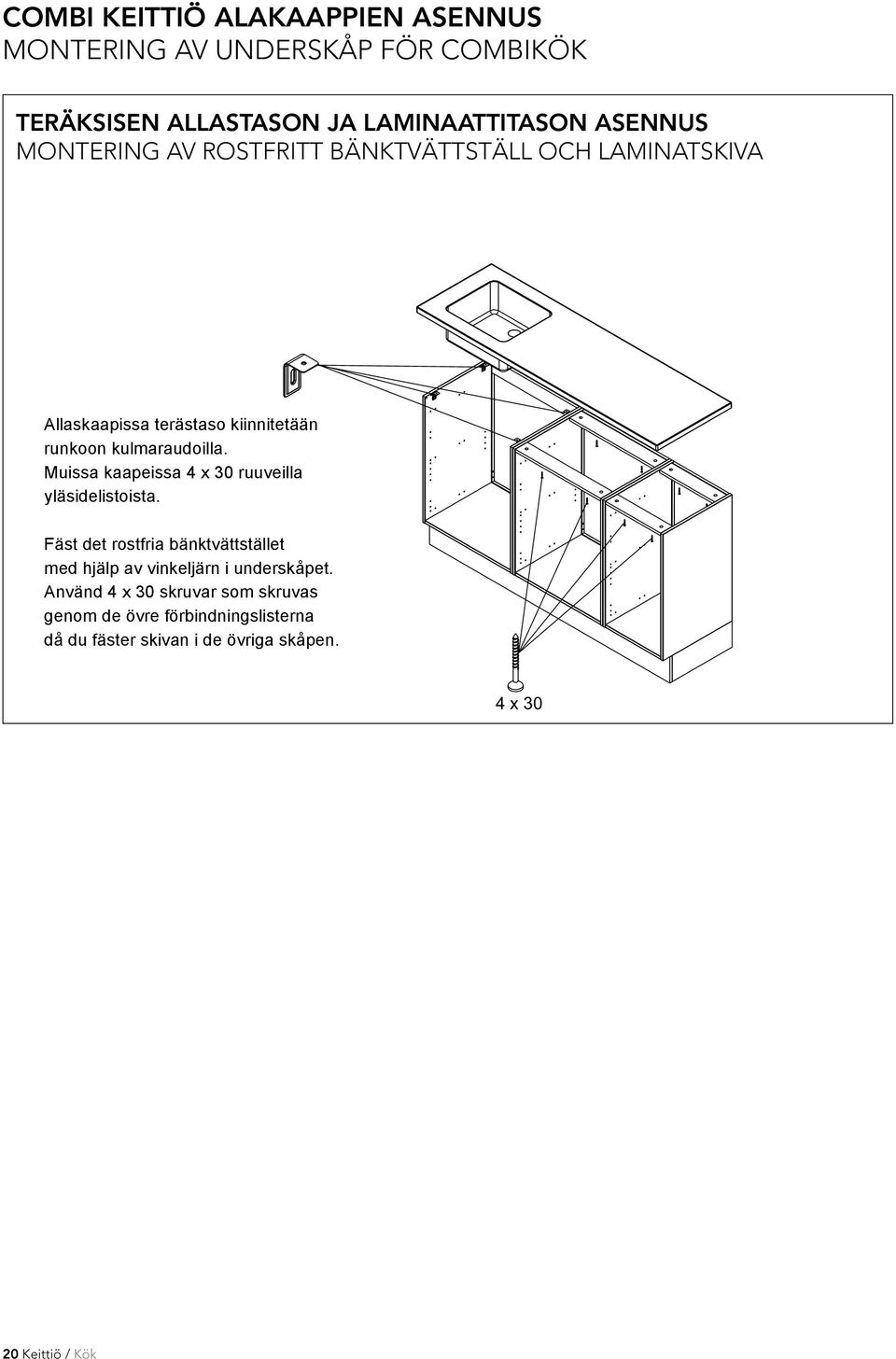 Muissa kaapeissa 4 x 30 ruuveilla yläsidelistoista. Fäst det rostfria bänktvättstället med hjälp av vinkeljärn. i underskåpet.