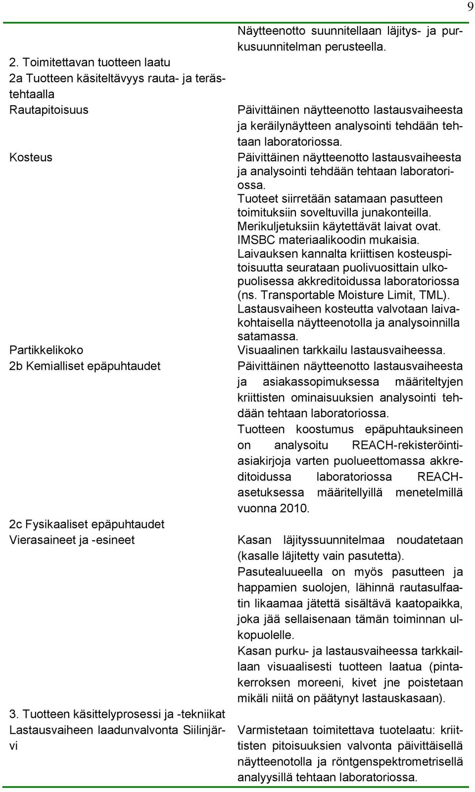 Päivittäinen näytteenotto lastausvaiheesta ja keräilynäytteen analysointi tehdään tehtaan laboratoriossa. Päivittäinen näytteenotto lastausvaiheesta ja analysointi tehdään tehtaan laboratoriossa.