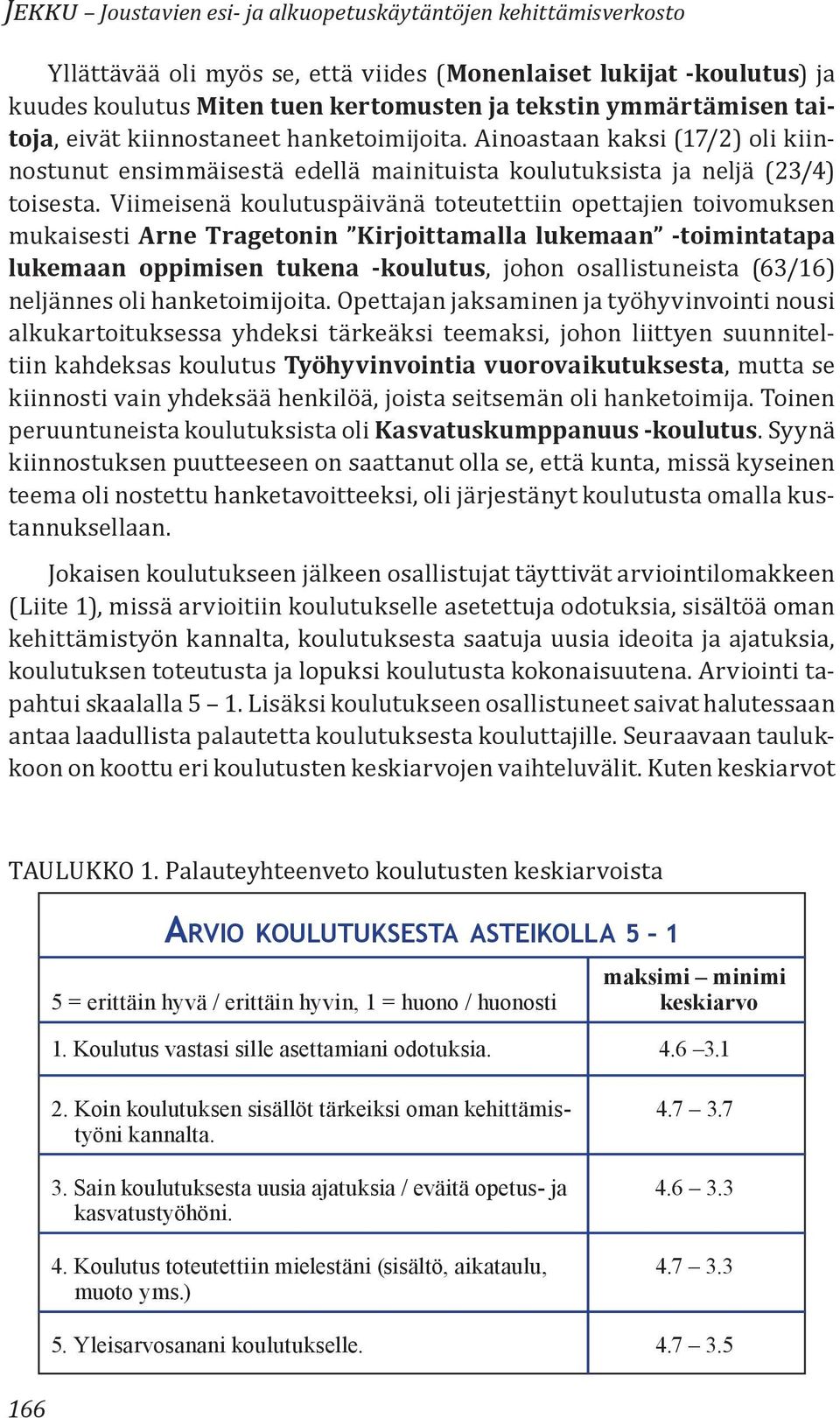 Viimeisenä koulutuspäivänä toteutettiin opettajien toivomuksen mukaisesti Arne Tragetonin Kirjoittamalla lukemaan -toimintatapa lukemaan oppimisen tukena -koulutus, johon osallistuneista (63/16)