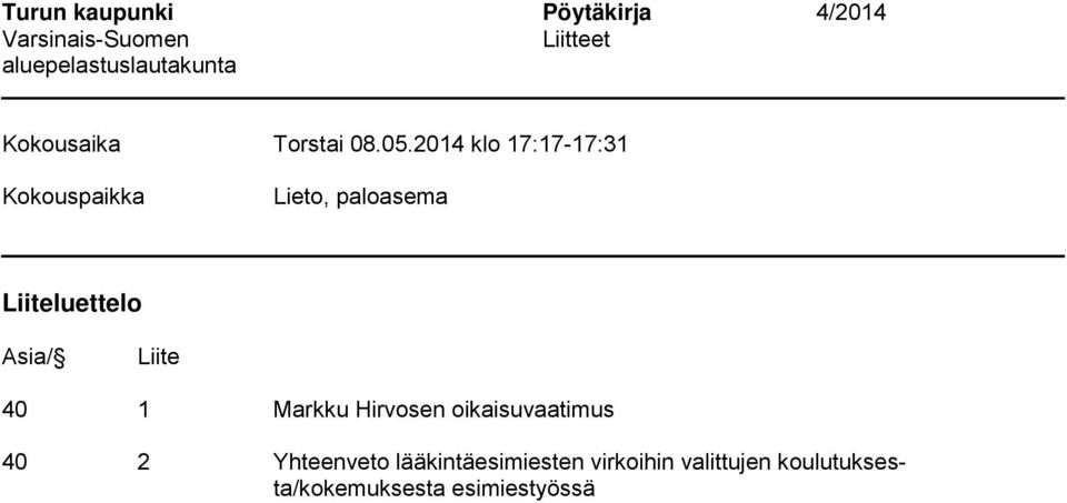 2014 klo 17:17-17:31 Kokouspaikka Lieto, paloasema Liiteluettelo Asia/