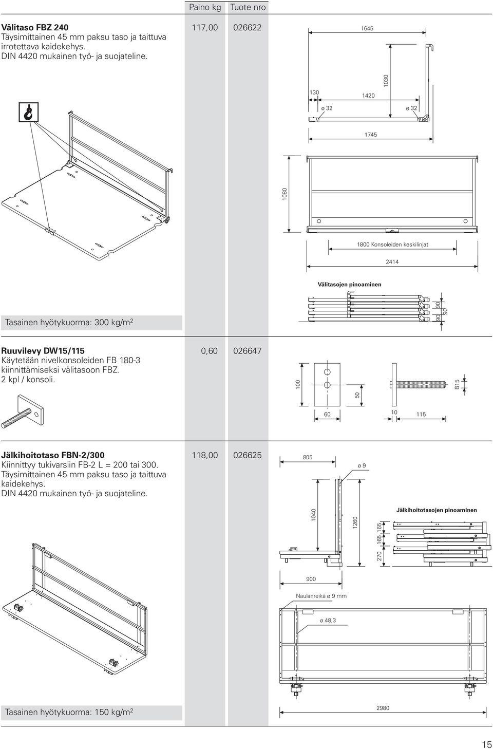 nivelkonsoleiden FB 180-3 kiinnittämiseksi välitasoon FBZ. 2 kpl / konsoli. 100 B15 60 10 115 Jälkihoitotaso FBN-2/300 118,00 026625 Kiinnittyy tukivarsiin FB-2 L = 200 tai 300.