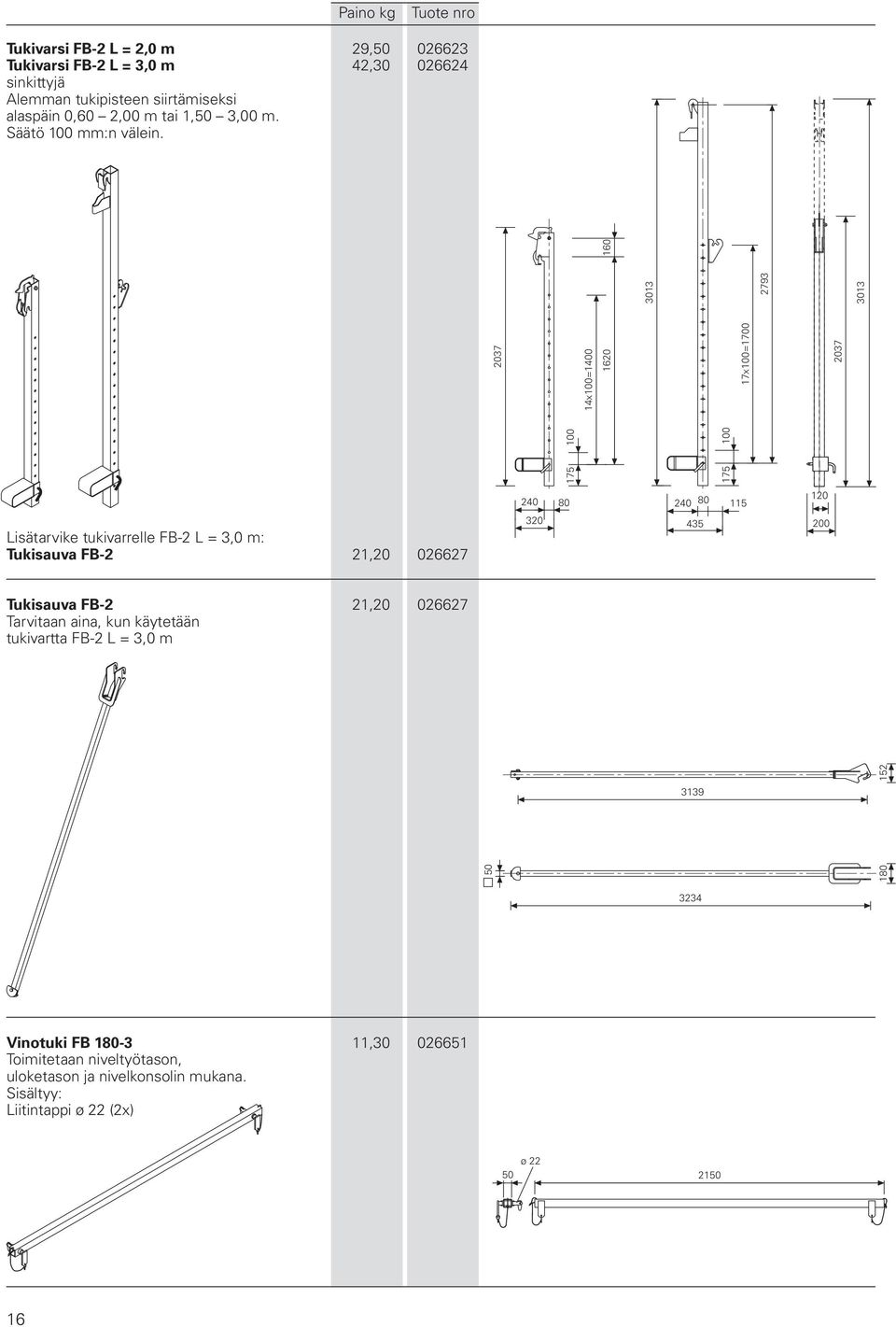 240 80 120 200 3139 50 180 175 100 175 100 2037 14x100=1400 1620 160 3013 17x100=1700 2793 2037 3013 240 80 115 Lisätarvike tukivarrelle FB-2 L = 3,0 m: