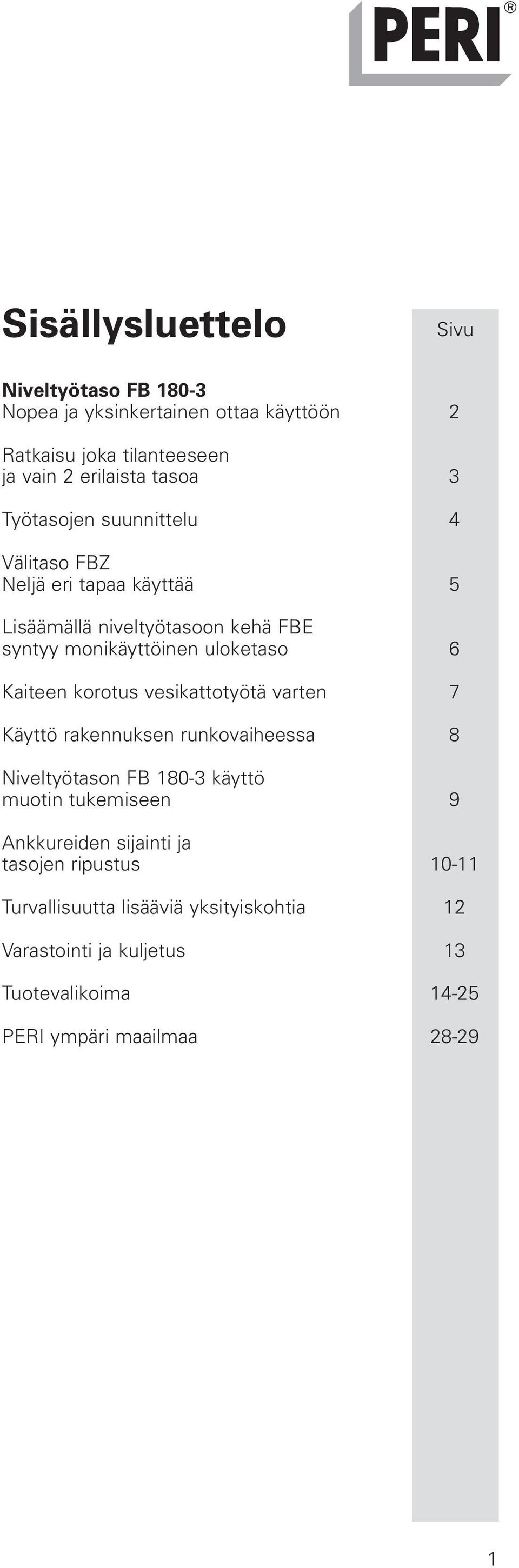 korotus vesikattotyötä varten 7 Käyttö rakennuksen runkovaiheessa 8 Niveltyötason FB 180-3 käyttö muotin tukemiseen 9 Ankkureiden sijainti