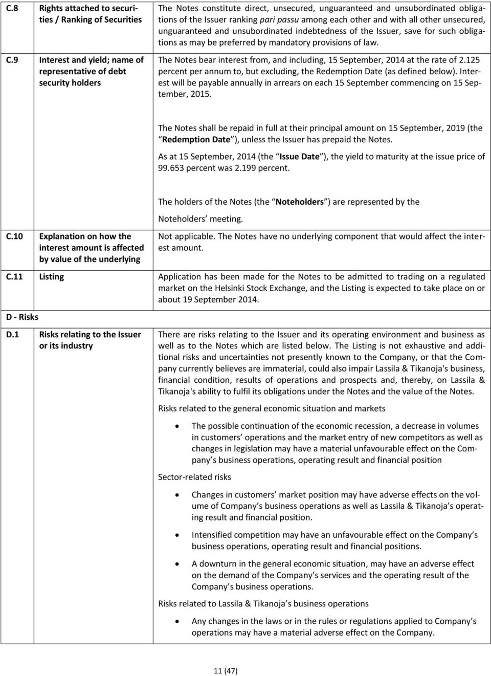 other and with all other unsecured, unguaranteed and unsubordinated indebtedness of the Issuer, save for such obligations as may be preferred by mandatory provisions of law.