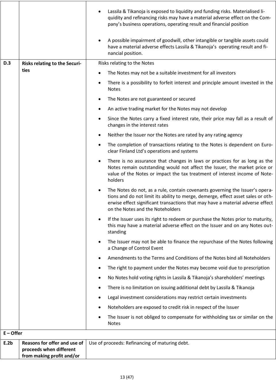 3 Risks relating to the Securities E Offer E.