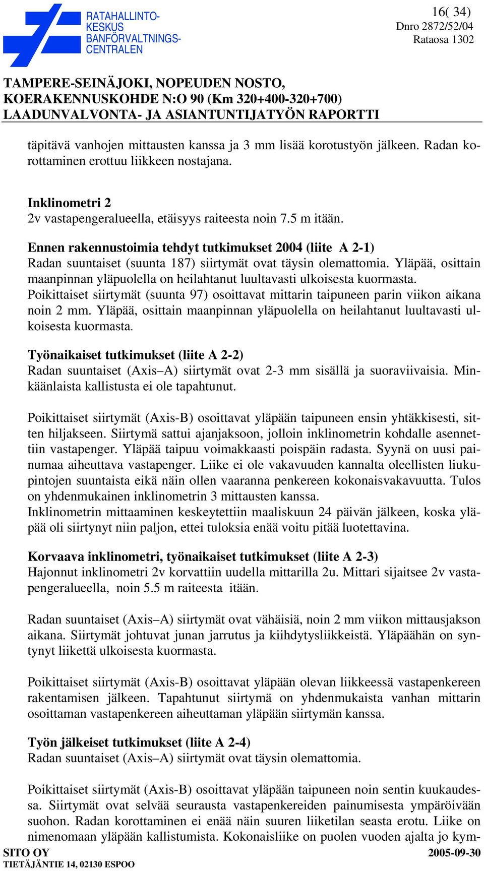 Yläpää, osittain maanpinnan yläpuolella on heilahtanut luultavasti ulkoisesta kuormasta. Poikittaiset siirtymät (suunta 97) osoittavat mittarin taipuneen parin viikon aikana noin 2 mm.