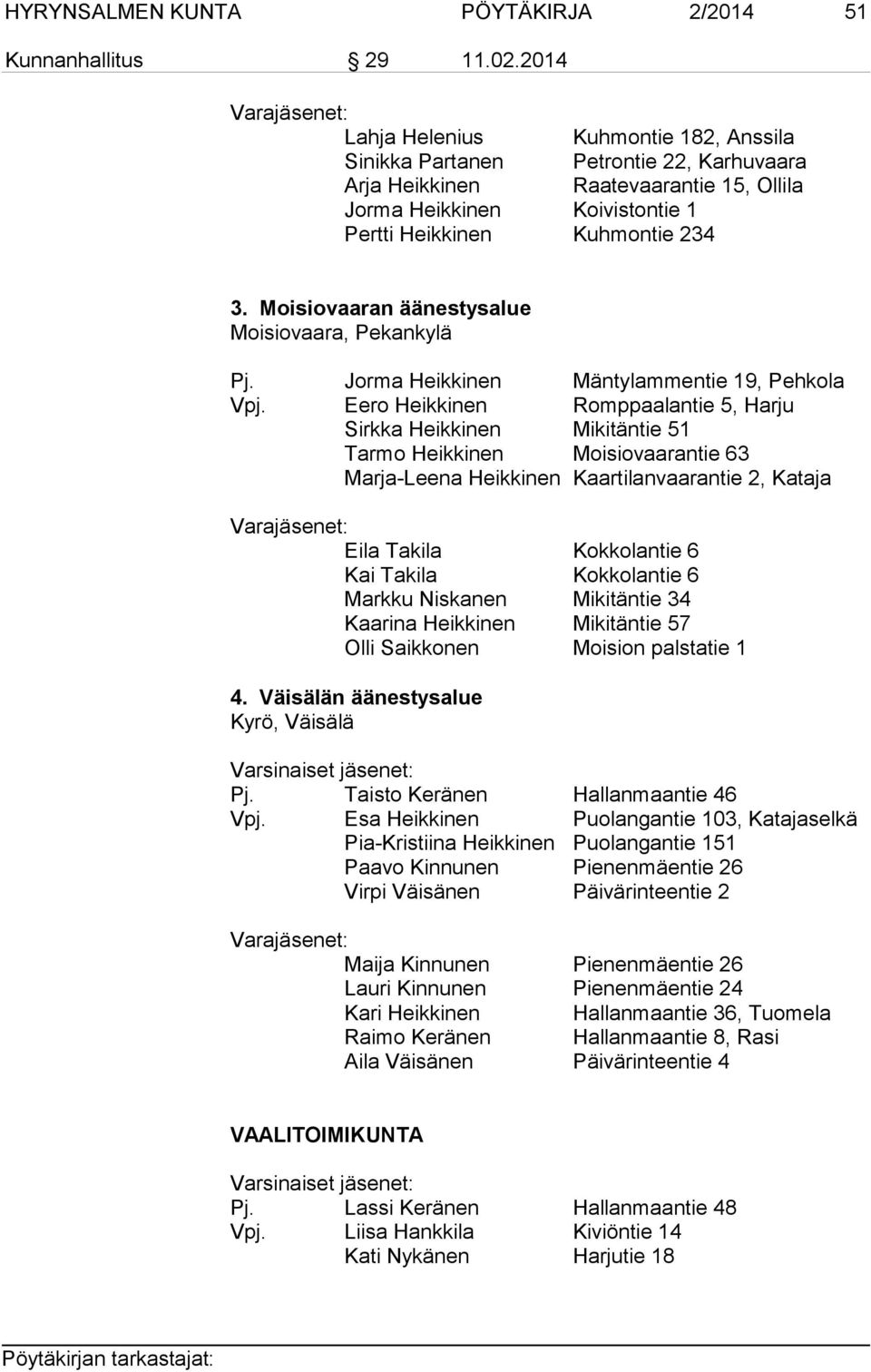 234 3. Moisiovaaran äänestysalue Moisiovaara, Pekankylä Pj. Jorma Heikkinen Mäntylammentie 19, Pehkola Vpj.