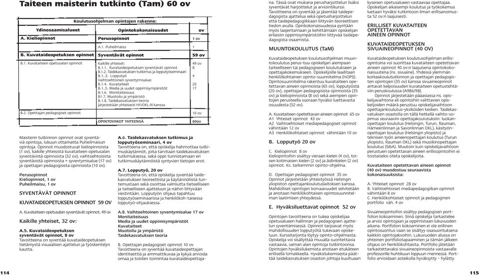 Opinnot muodostuvat kieliopinnoista (1 ov), kaikille yhteisistä kuvataiteen opetusalan syventävistä opinnoista (32 ov), vaihtoehtoisista syventävistä opinnoista = syventymisalue (17 ov) ja opettajan