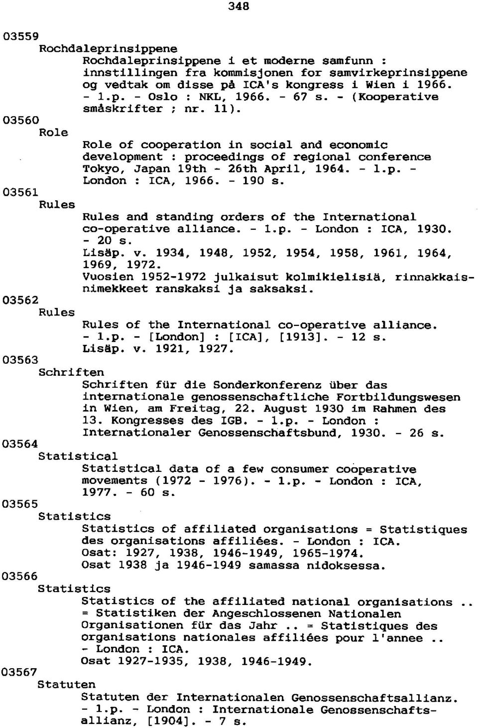 - 190 s. 03561 Rules Rules and standing orders of the International co-operative alliance. - l.p. - London : ICA, 1930. - 20 s. Lisäp. v. 1934, 1948, 1952, 1954, 1958, 1961, 1964, 1969, 1972.