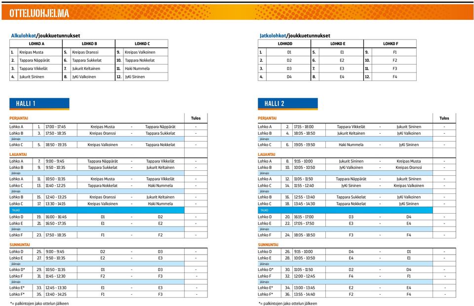 JyKi Sininen 4. D4 8. E4 12. F4 HALLI 1 HALLI 2 PERJANTAI Tulos PERJANTAI Tulos Lohko A 1. 17:00-17:45 Kreipas Musta - Tappara Näppärät - Lohko B 3.