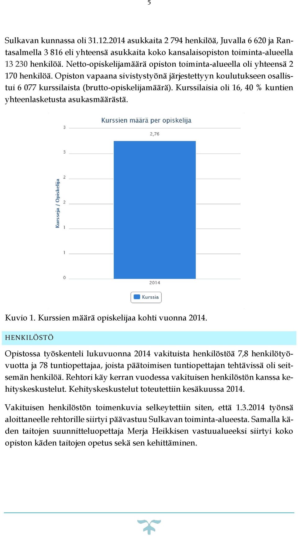 Kurssilaisia oli 16, 40 % kuntien yhteenlasketusta asukasmäärästä. Kuvio 1. Kurssien määrä opiskelijaa kohti vuonna 2014.