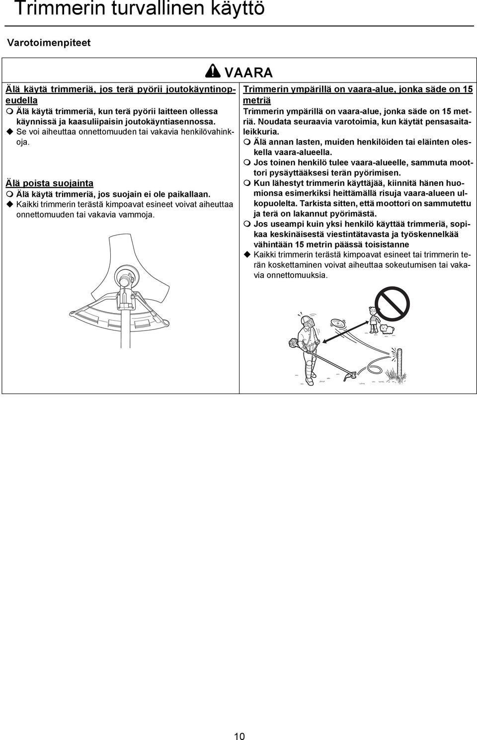 Kaikki trimmerin terästä kimpoavat esineet voivat aiheuttaa onnettomuuden tai vakavia vammoja.