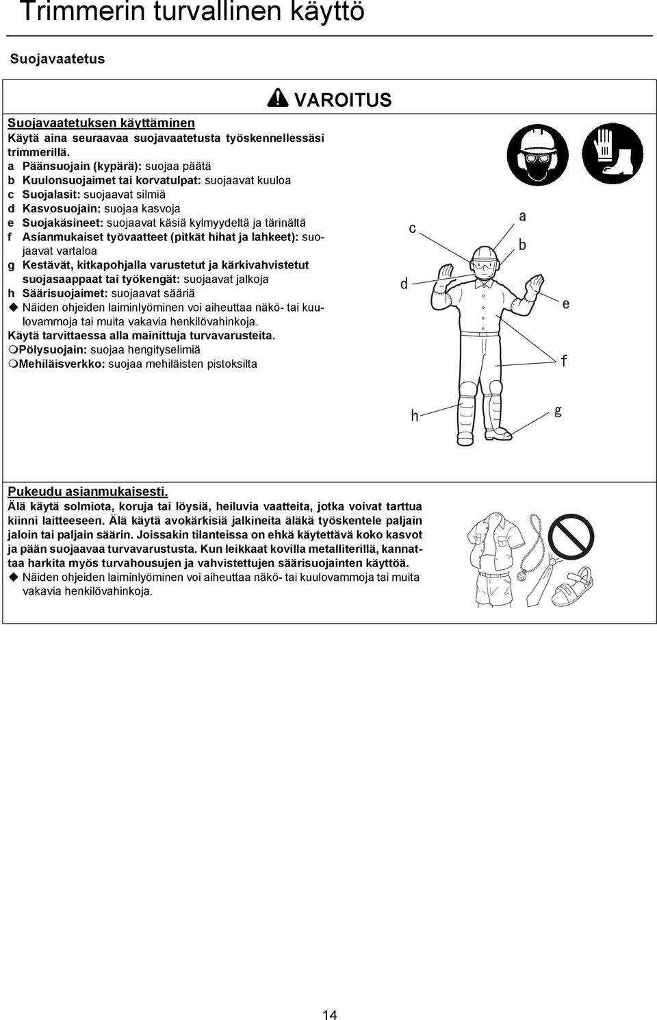 tärinältä f Asianmukaiset työvaatteet (pitkät hihat ja lahkeet): suojaavat vartaloa g Kestävät, kitkapohjalla varustetut ja kärkivahvistetut suojasaappaat tai työkengät: suojaavat jalkoja h