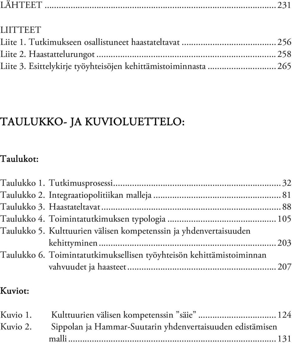 Toimintatutkimuksen typologia... 105 Taulukko 5. Kulttuurien välisen kompetenssin ja yhdenvertaisuuden kehittyminen... 203 Taulukko 6.