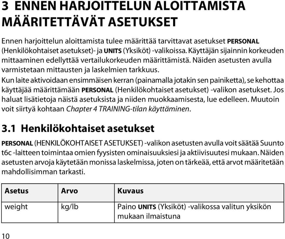 Kun laite aktivoidaan ensimmäisen kerran (painamalla jotakin sen painiketta), se kehottaa käyttäjää määrittämään PERSONAL (Henkilökohtaiset asetukset) -valikon asetukset.