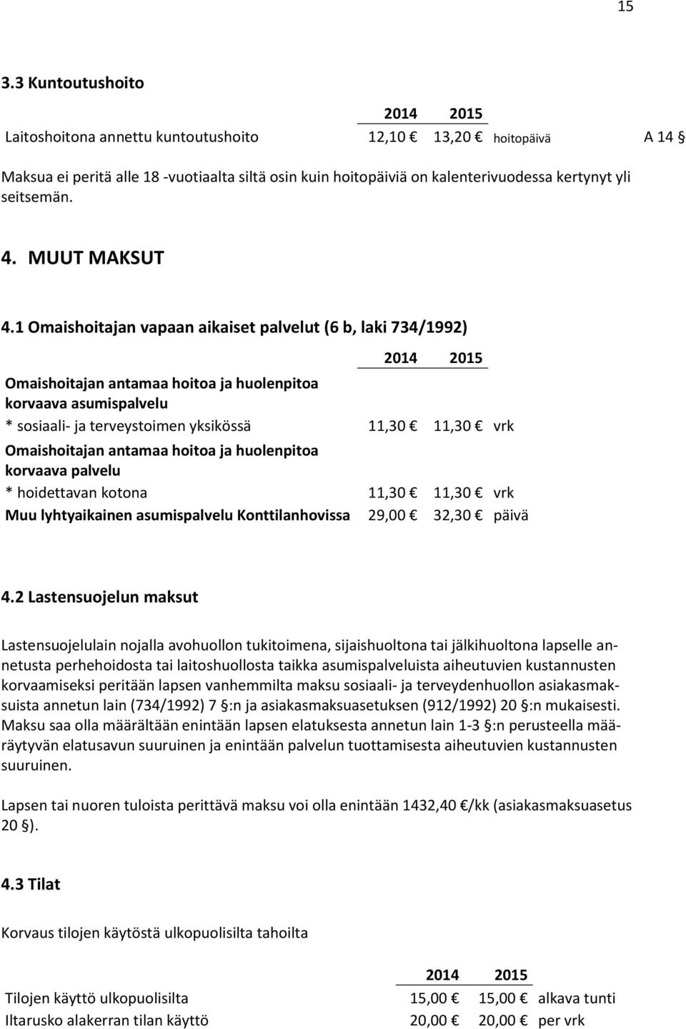 1 Omaishoitajan vapaan aikaiset palvelut (6 b, laki 734/1992) Omaishoitajan antamaa hoitoa ja huolenpitoa korvaava asumispalvelu * sosiaali- ja terveystoimen yksikössä 11,30 11,30 vrk Omaishoitajan