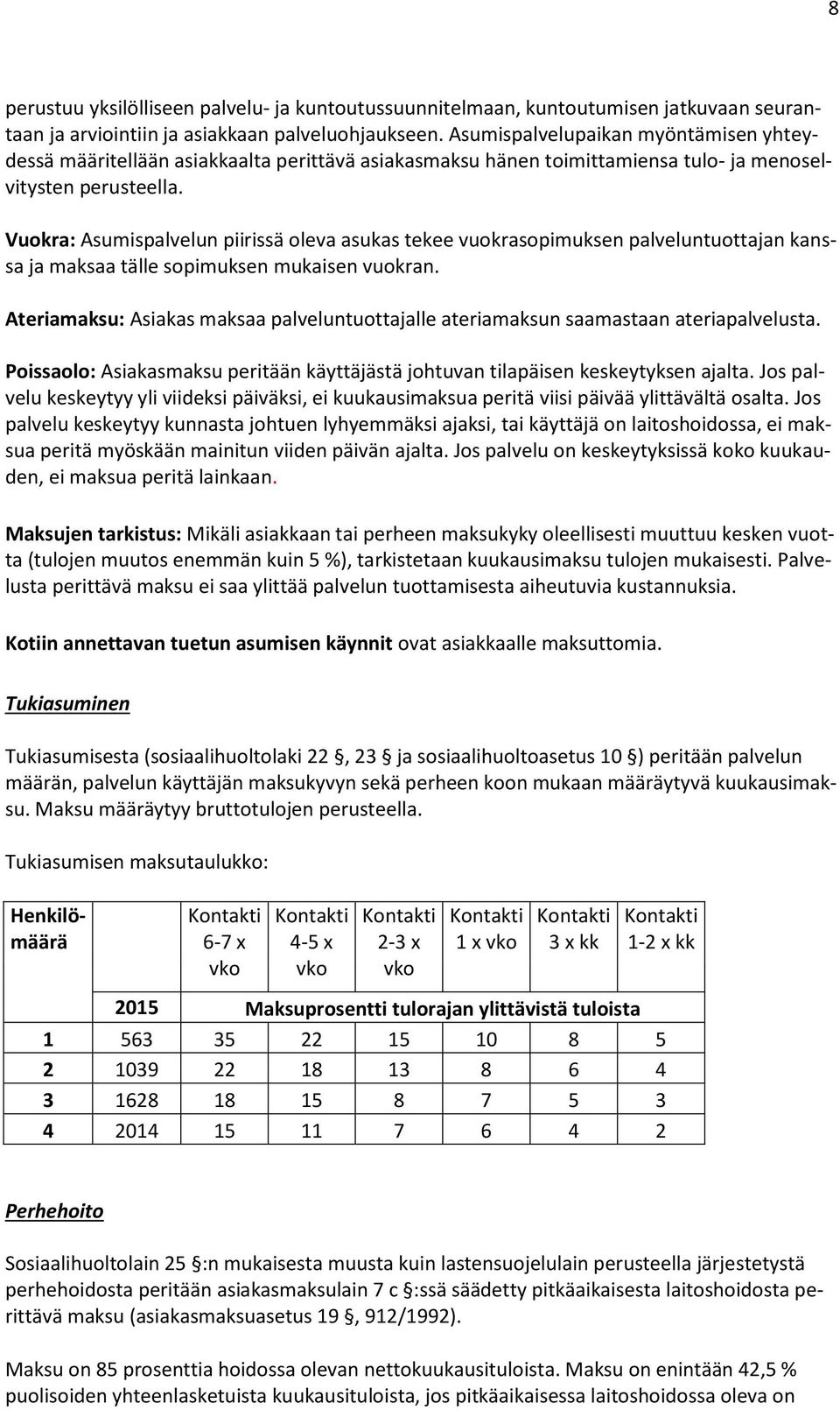 Vuokra: Asumispalvelun piirissä oleva asukas tekee vuokrasopimuksen palveluntuottajan kanssa ja maksaa tälle sopimuksen mukaisen vuokran.