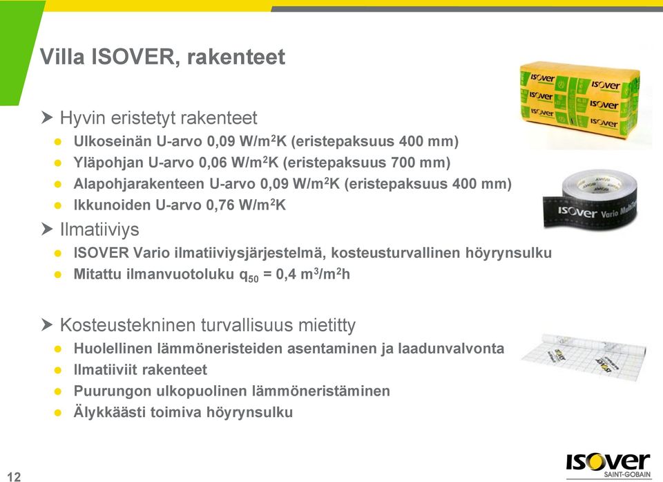 ilmatiiviysjärjestelmä, kosteusturvallinen höyrynsulku Mitattu ilmanvuotoluku q 50 = 0,4 m 3 /m 2 h Kosteustekninen turvallisuus mietitty