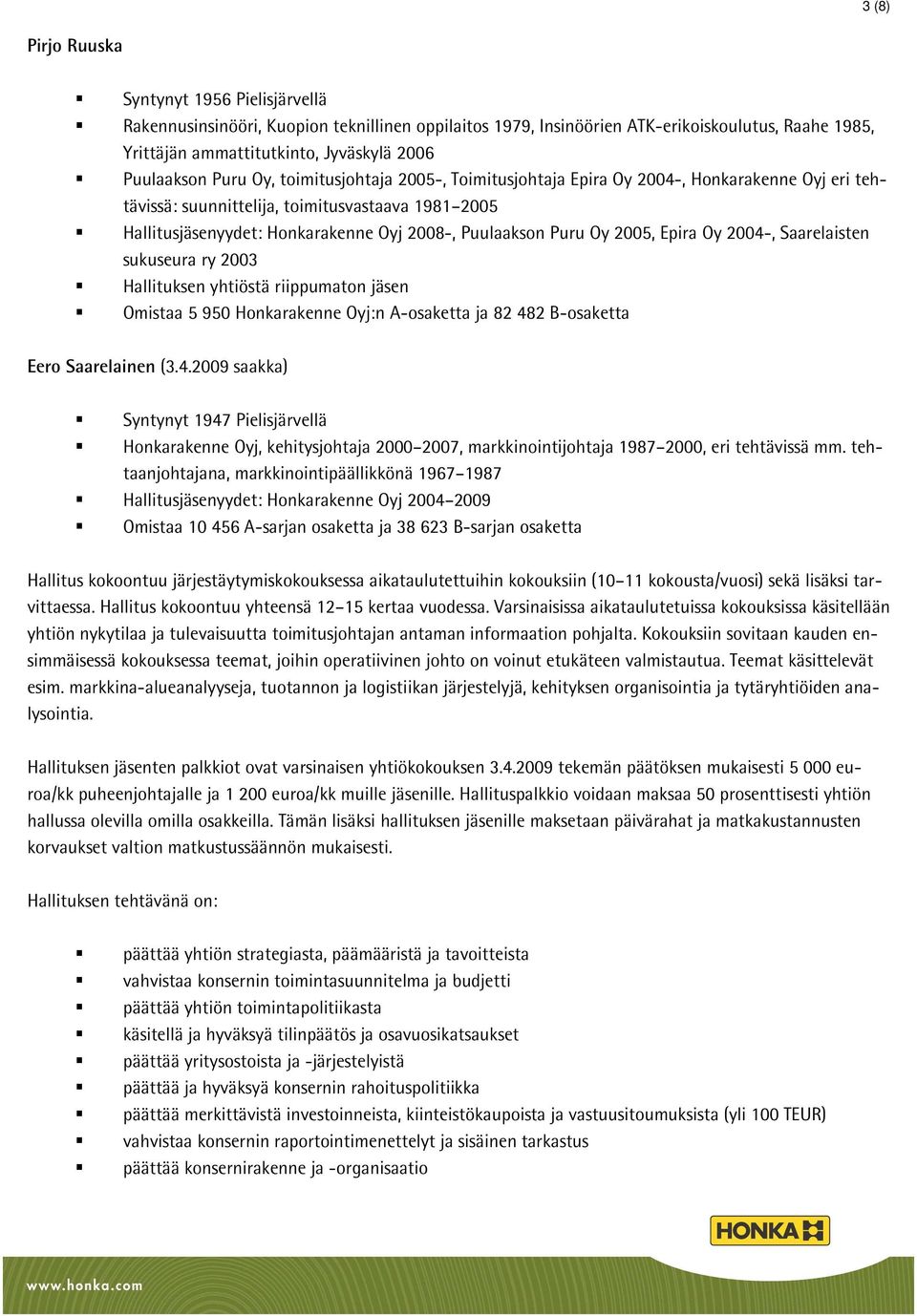 Puulaakson Puru Oy 2005, Epira Oy 2004-, Saarelaisten sukuseura ry 2003 Hallituksen yhtiöstä riippumaton jäsen Omistaa 5 950 Honkarakenne Oyj:n A-osaketta ja 82 482 B-osaketta Eero Saarelainen (3.4.2009 saakka) Syntynyt 1947 Pielisjärvellä Honkarakenne Oyj, kehitysjohtaja 2000 2007, markkinointijohtaja 1987 2000, eri tehtävissä mm.