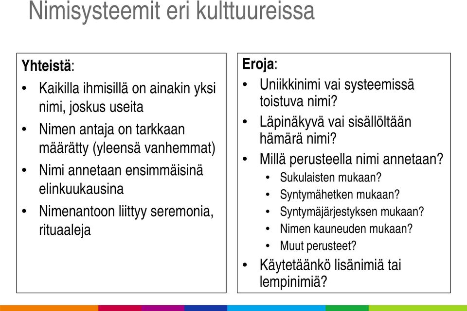 Uniikkinimi vai systeemissä toistuva nimi? Läpinäkyvä vai sisällöltään hämärä nimi? Millä perusteella nimi annetaan?