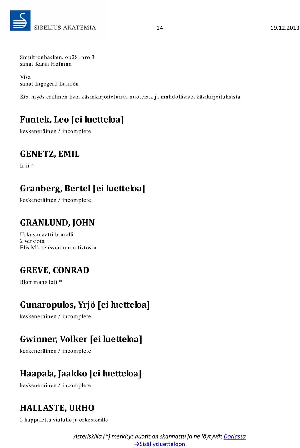 Bertel [ei luetteloa] GRANLUND, JOHN Urkusonaatti b-molli 2 versiota Elis Mårtenssonin nuotistosta GREVE, CONRAD Blommans lott * Gunaropulos,