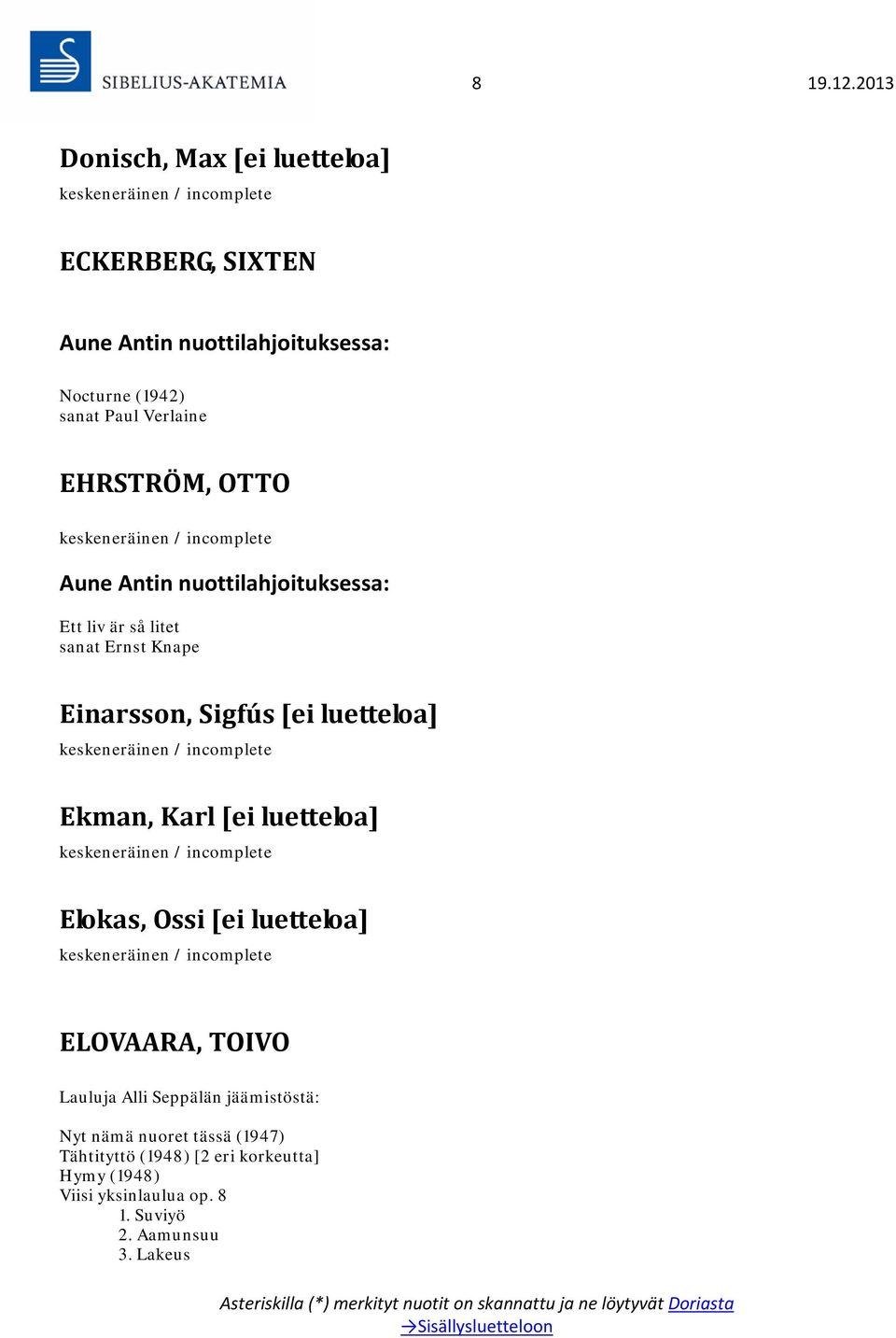 Aune Antin nuottilahjoituksessa: Ett liv är så litet sanat Ernst Knape Einarsson, Sigfús [ei luetteloa] Ekman, Karl [ei luetteloa] Elokas,