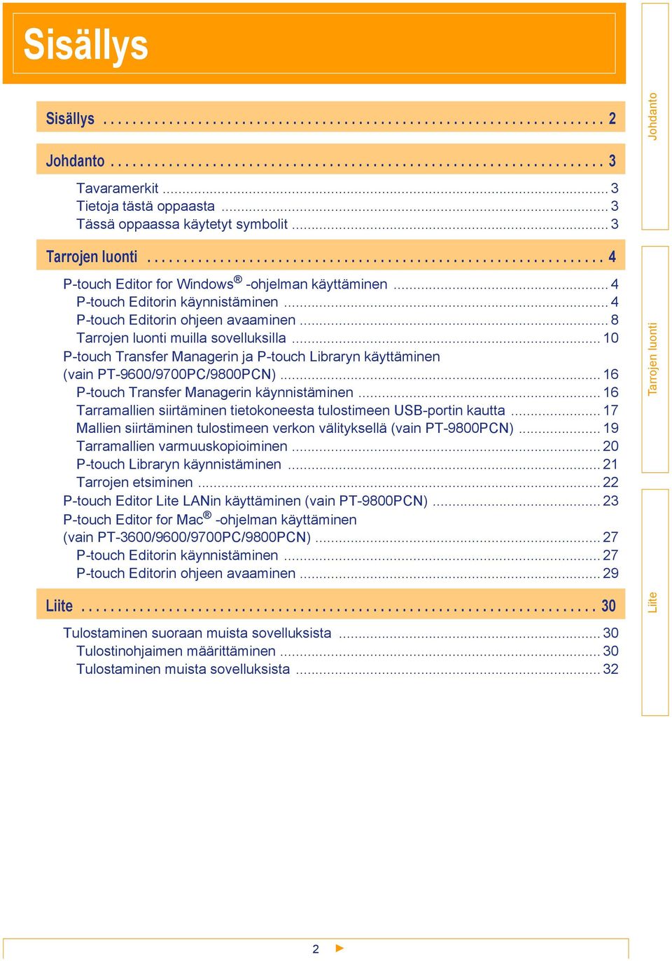 .. 4 P-touch Editorin ohjeen avaaminen... 8 muilla sovelluksilla... 10 P-touch Transfer Managerin ja P-touch Libraryn käyttäminen (vain PT-9600/9700PC/9800PCN).