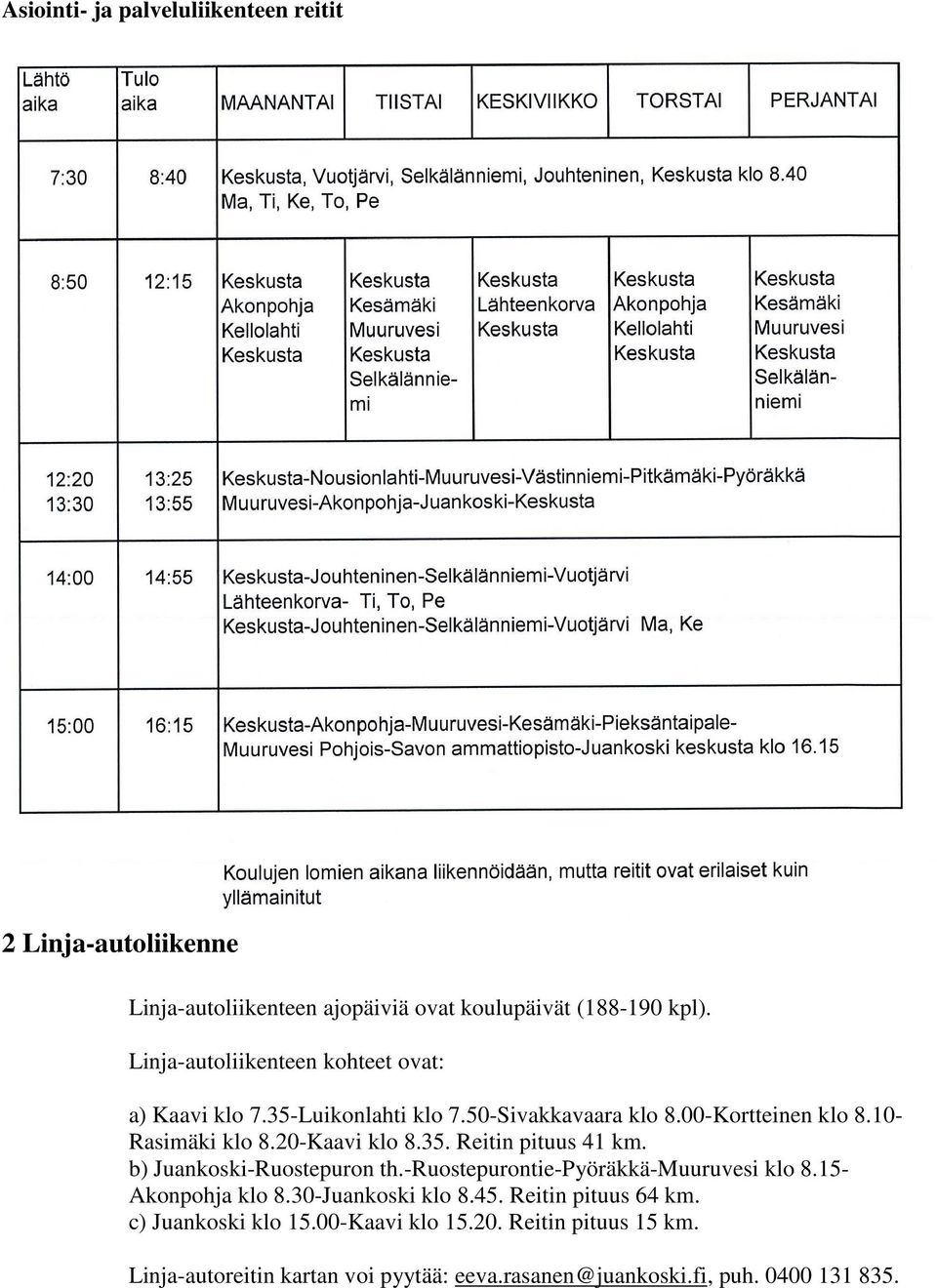 20-Kaavi klo 8.35. Reitin pituus 41 km. b) Juankoski-Ruostepuron th.-ruostepurontie-pyöräkkä-muuruvesi klo 8.15- Akonpohja klo 8.