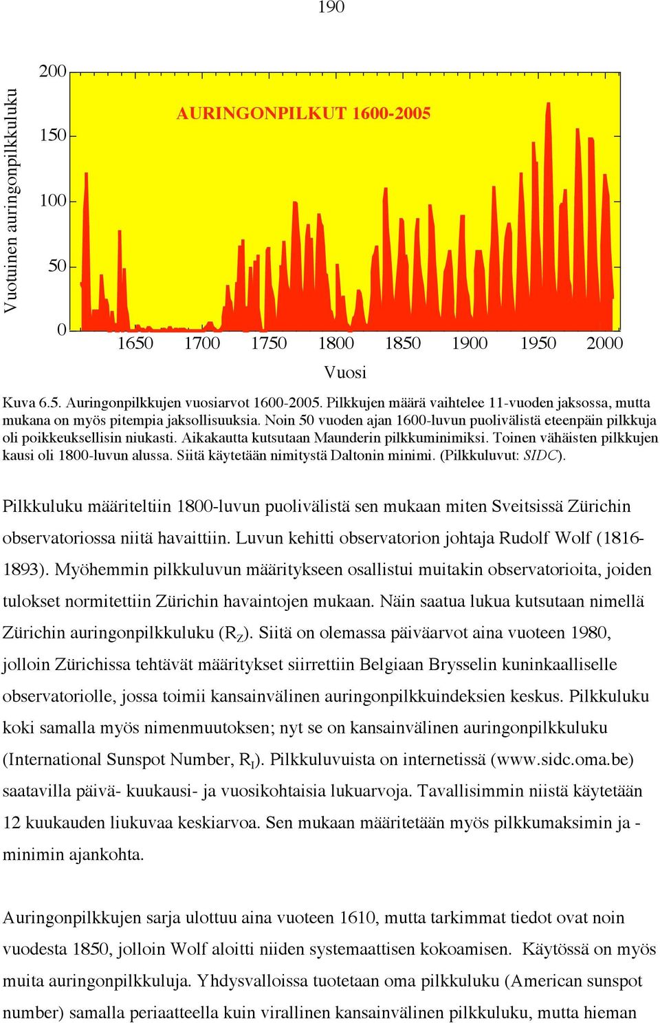 Aikakautta kutsutaan Maunderin pilkkuminimiksi. Toinen vähäisten pilkkujen kausi oli 1800-luvun alussa. Siitä käytetään nimitystä Daltonin minimi. (Pilkkuluvut: SIDC).