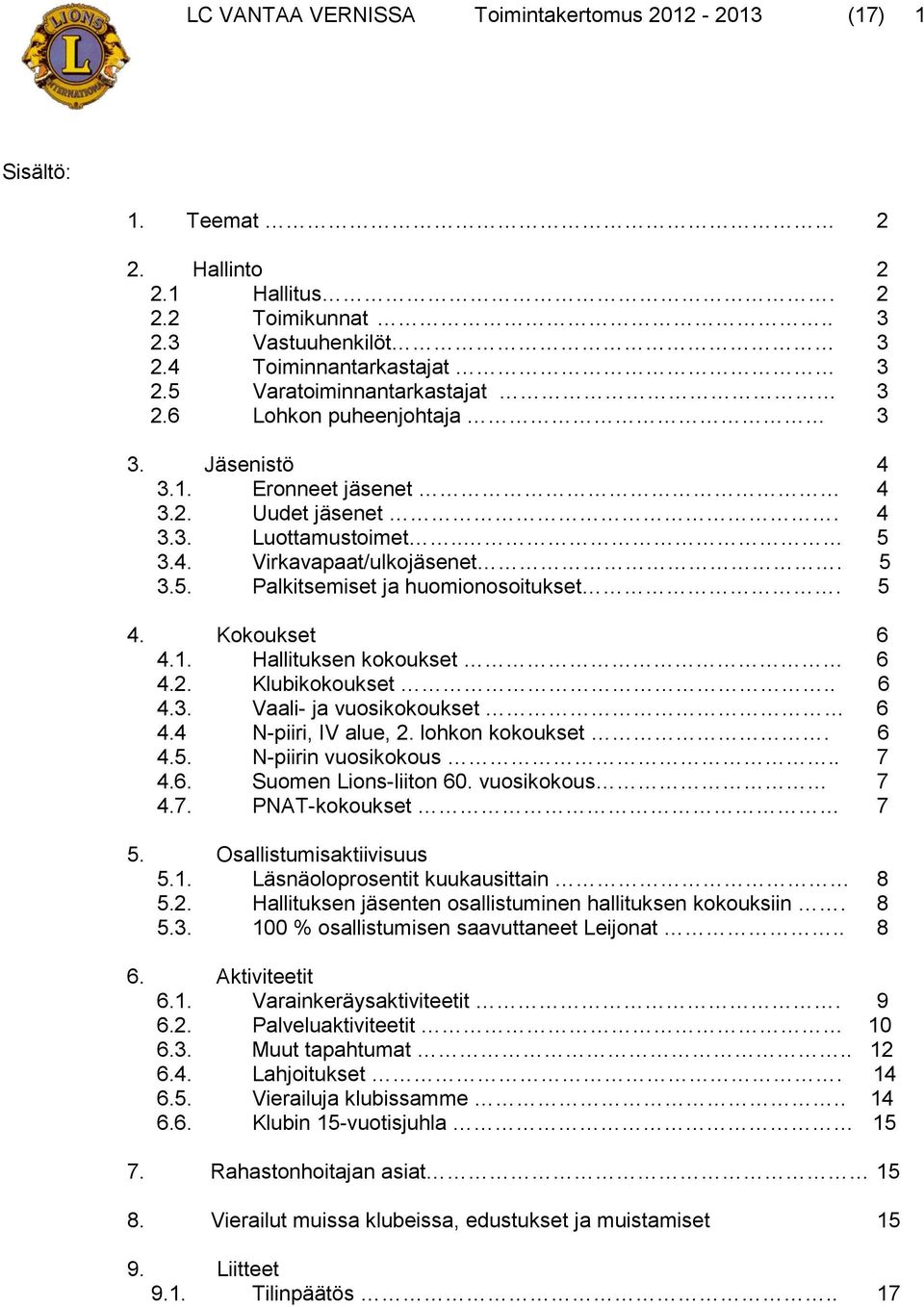 5 4. Kokoukset 6 4.1. Hallituksen kokoukset 6 4.2. Klubikokoukset.. 6 4.3. Vaali- ja vuosikokoukset 6 4.4 N-piiri, IV alue, 2. lohkon kokoukset. 6 4.5. N-piirin vuosikokous.. 7 4.6. Suomen Lions-liiton 60.