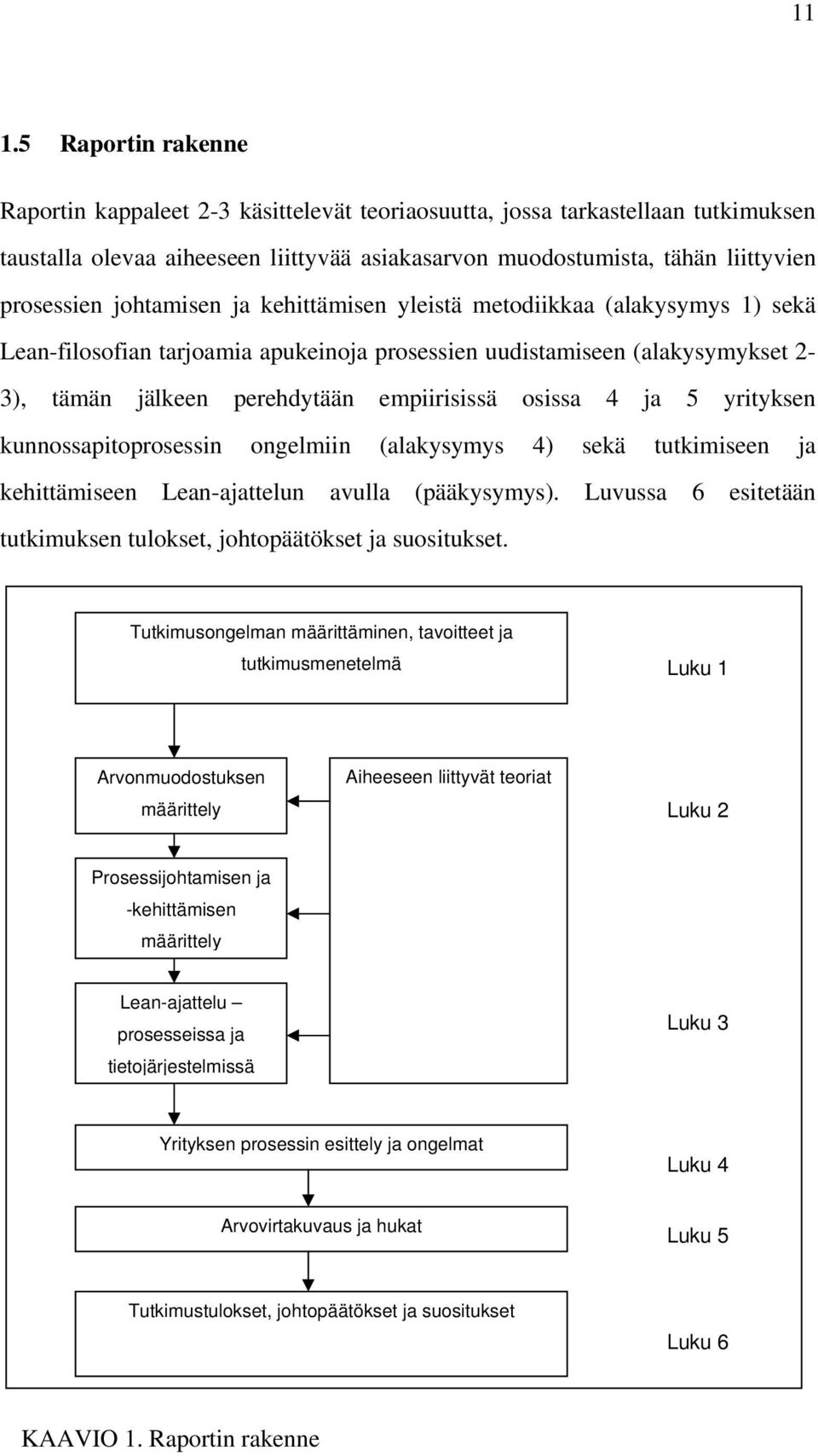 ja 5 yrityksen kunnossapitoprosessin ongelmiin (alakysymys 4) sekä tutkimiseen ja kehittämiseen Lean-ajattelun avulla (pääkysymys).