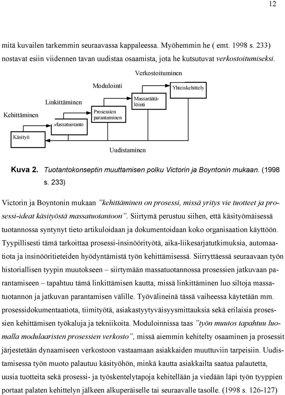 Tuotantokonseptin muuttamisen polku Victorin ja Boyntonin mukaan. (1998 s.