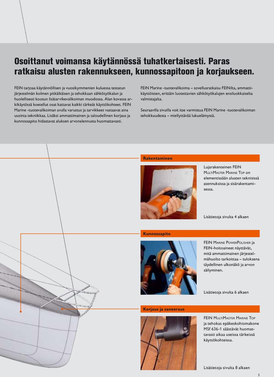 Alan kovassa arkikäytössä koetellut osat kattavat kaikki tärkeät käyttökohteet. FEIN Marine -tuotevalikoiman avulla varustus ja tarvikkeet vastaavat aina uusinta tekniikkaa.