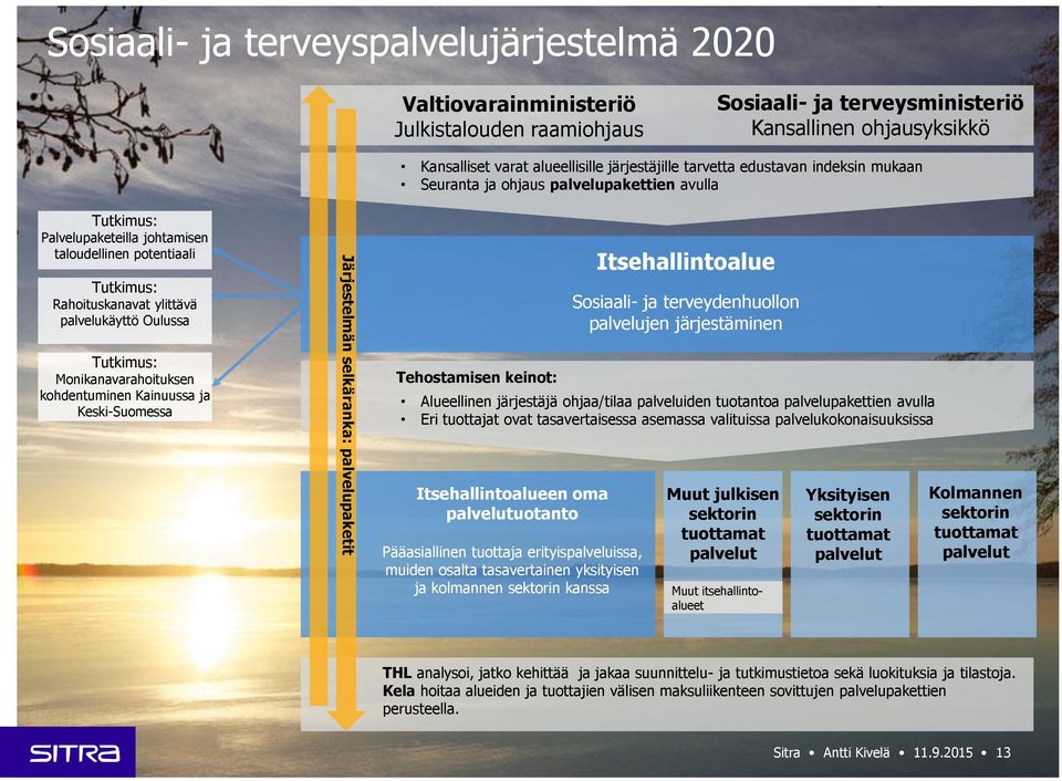 Kansalliset varat alueellisille järjestäjille tarvetta edustavan indeksin mukaan Seuranta ja ohjaus palvelupakettien avulla Tehostamisen keinot: Itsehallintoalueen oma palvelutuotanto Pääasiallinen