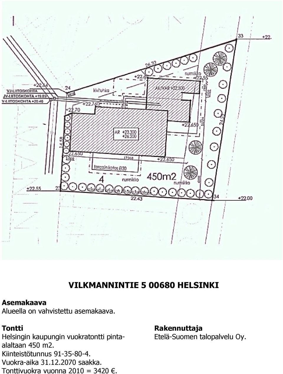 vuokratontti pintaalaltaan 450 m2. Kiinteistötunnus 91-35-80-4.