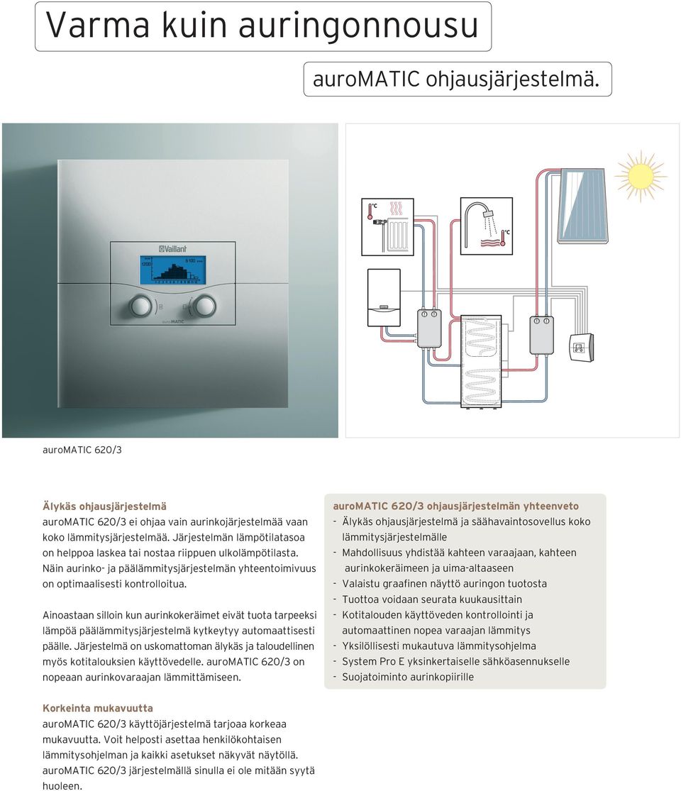 Ainoastaan silloin kun aurinkokeräimet eivät tuota tarpeeksi lämpöä pääläitysjärjestelmä kytkeytyy automaattisesti päälle.