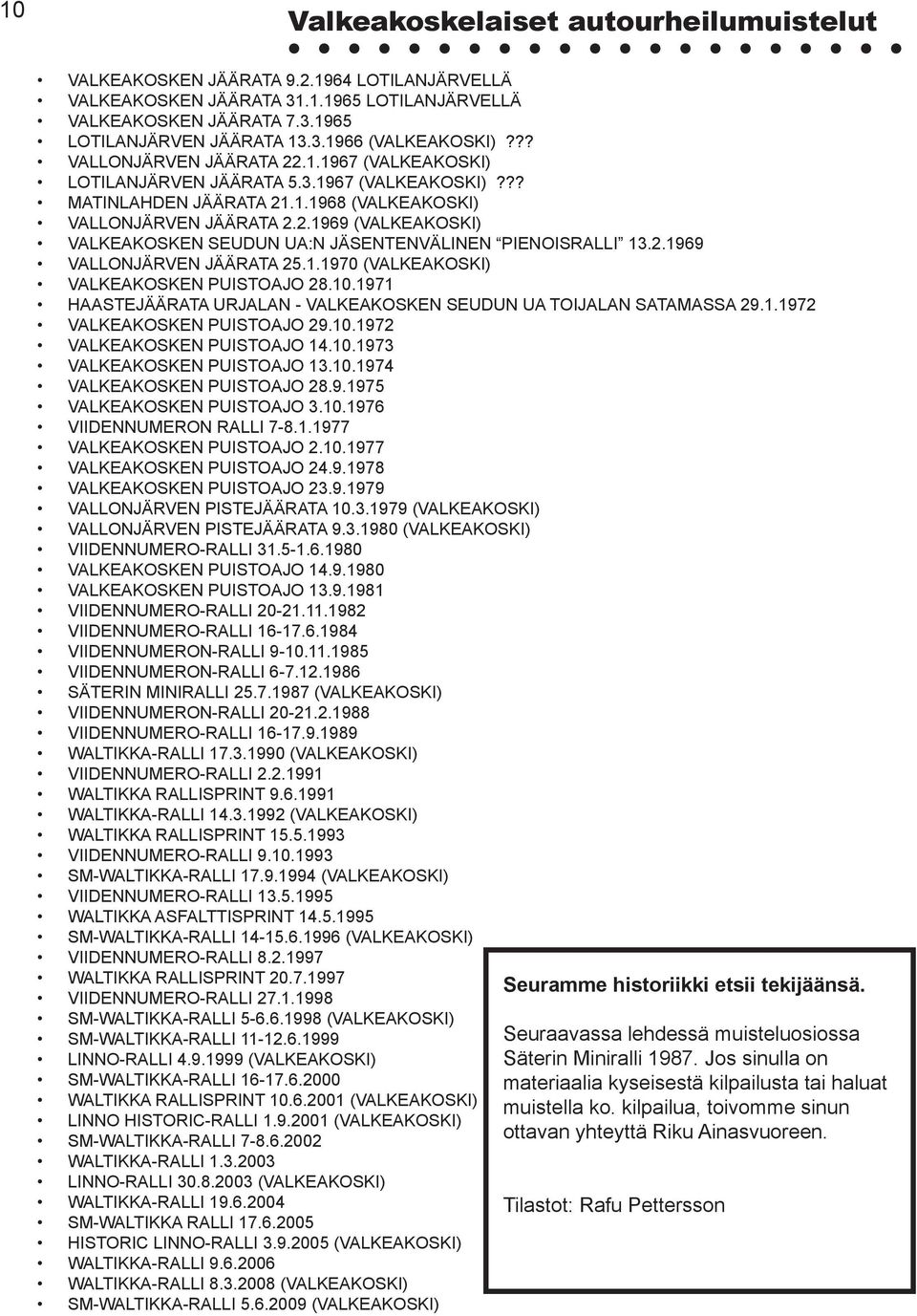 2.1969 VALLONJÄRVEN JÄÄRATA 25.1.1970 (VALKEAKOSKI) VALKEAKOSKEN PUISTOAJO 28.10.1971 HAASTEJÄÄRATA URJALAN - VALKEAKOSKEN SEUDUN UA TOIJALAN SATAMASSA 29.1.1972 VALKEAKOSKEN PUISTOAJO 29.10.1972 VALKEAKOSKEN PUISTOAJO 14.