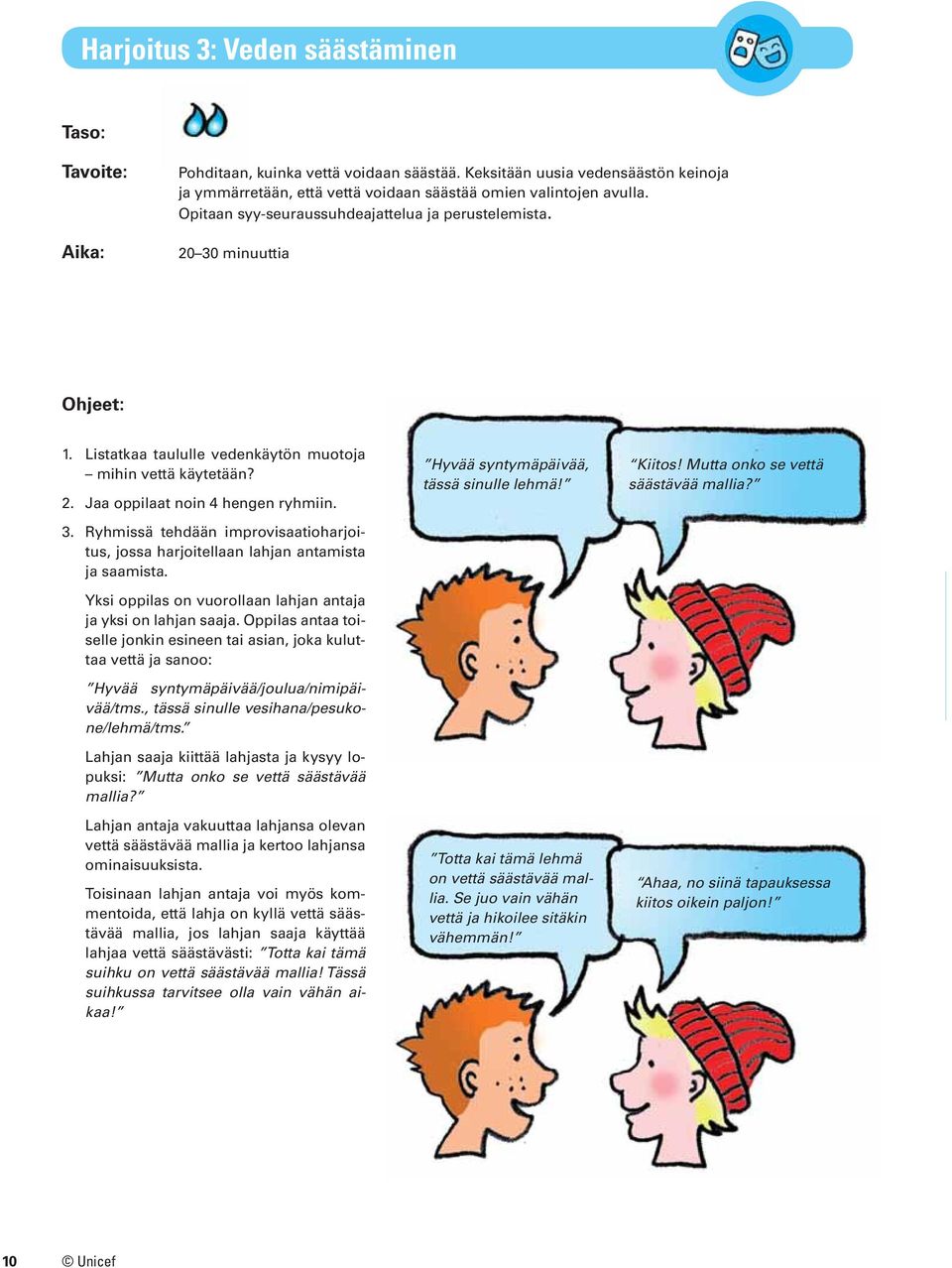 Yksi oppilas on vuorollaan lahjan antaja ja yksi on lahjan saaja. Oppilas antaa toiselle jonkin esineen tai asian, joka kuluttaa vettä ja sanoo: Hyvää syntymäpäivää/joulua/nimipäivää/tms.