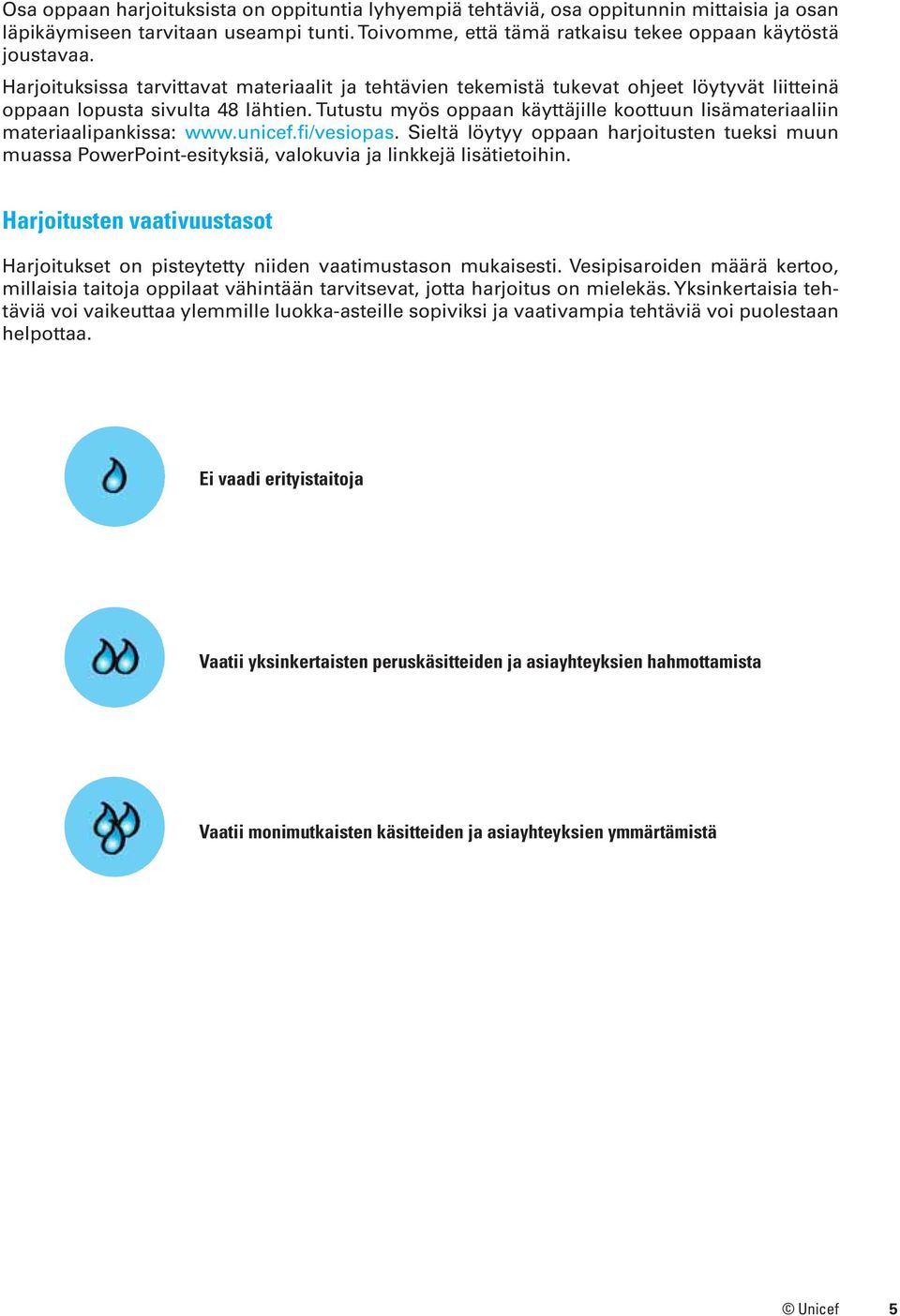 Tutustu myös oppaan käyttäjille koottuun lisämateriaaliin materiaalipankissa: www.unicef.fi/vesiopas.