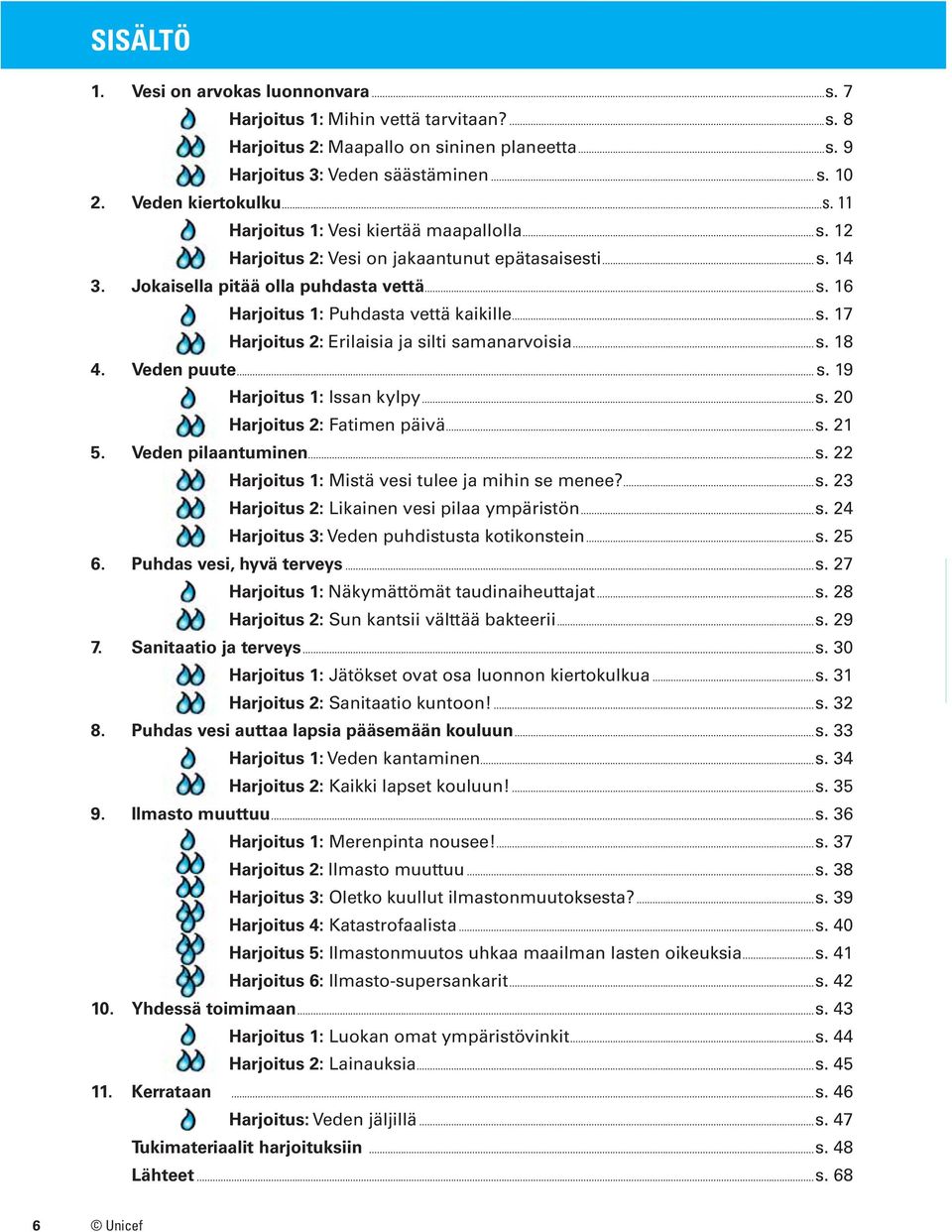 ..s. 18 4. Veden puute... s. 19 Harjoitus 1: Issan kylpy...s. 20 Harjoitus 2: Fatimen päivä...s. 21 5. Veden pilaantuminen...s. 22 Harjoitus 1: Mistä vesi tulee ja mihin se menee?...s. 23 Harjoitus 2: Likainen vesi pilaa ympäristön.