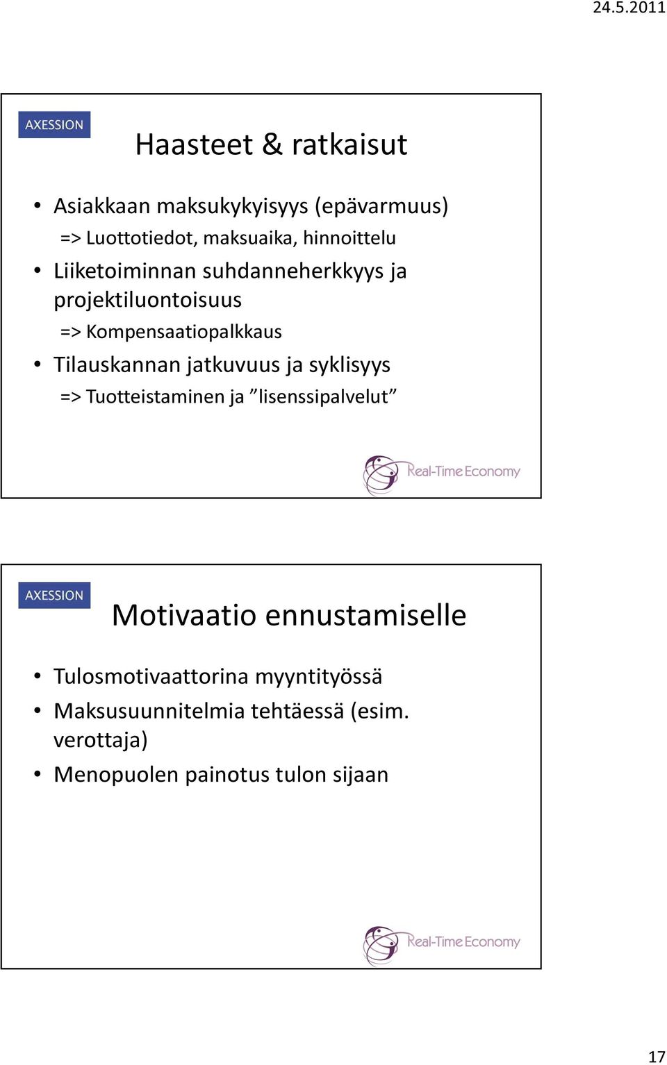 jatkuvuus ja syklisyys => Tuotteistaminen ja lisenssipalvelut Motivaatio ennustamiselle