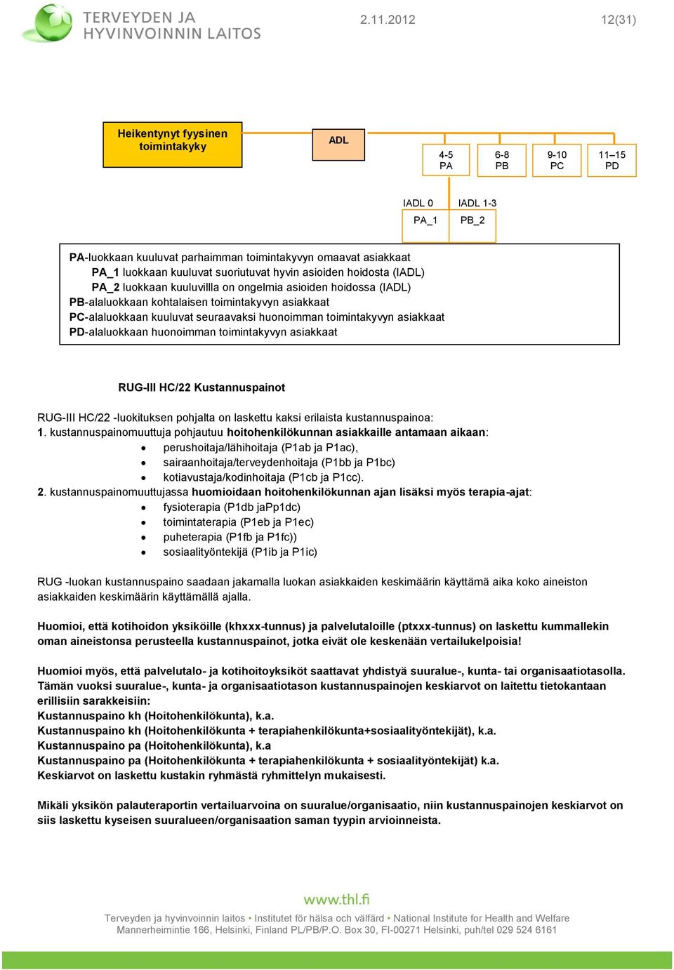 asiakkaat PD-alaluokkaan huonoimman toimintakyvyn asiakkaat RUG-III HC/22 Kustannuspainot RUG-III HC/22 -luokituksen pohjalta on laskettu kaksi erilaista kustannuspainoa: 1.