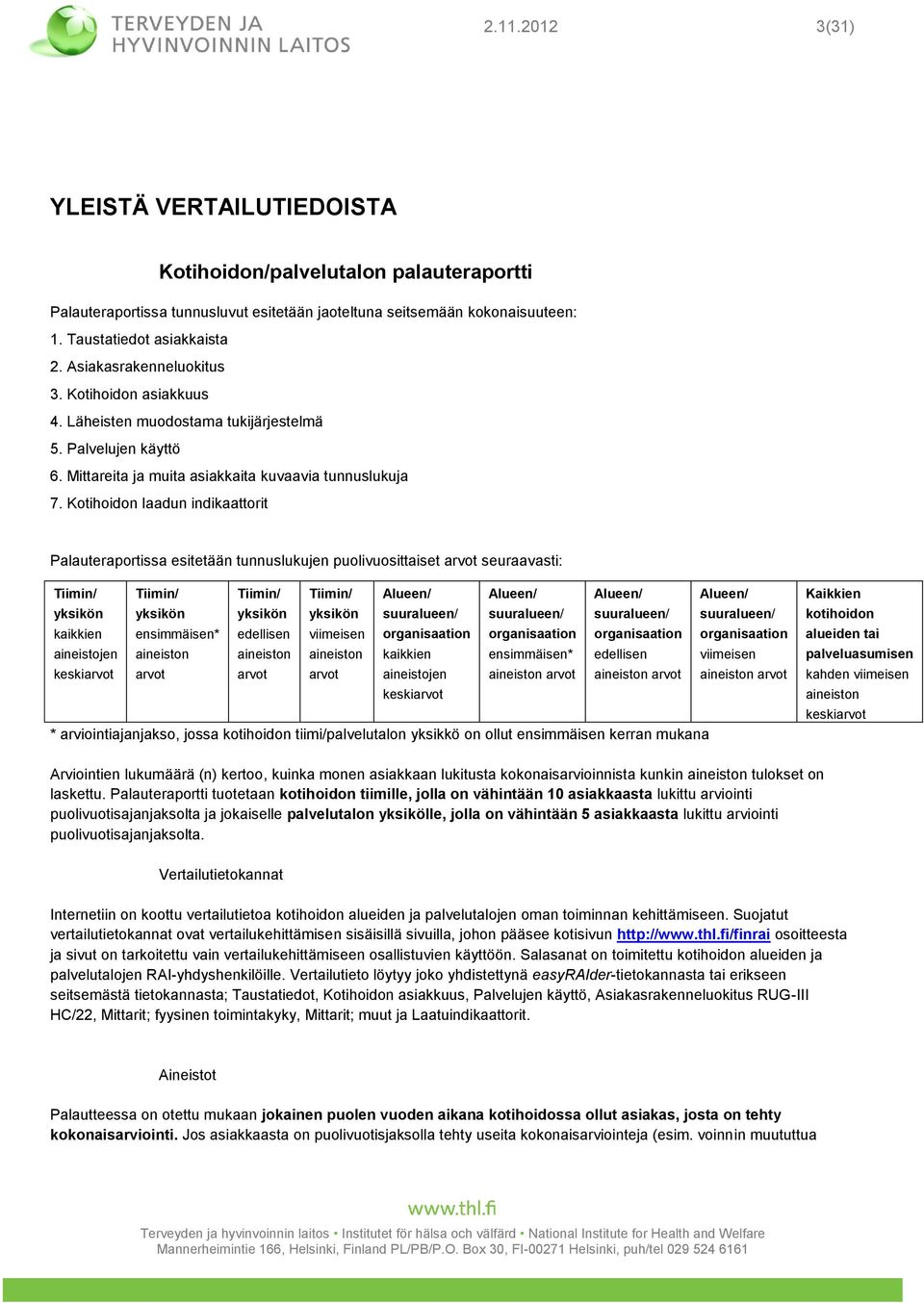 Kotihoidon laadun indikaattorit Palauteraportissa esitetään tunnuslukujen puolivuosittaiset arvot seuraavasti: Tiimin/ Tiimin/ Tiimin/ Tiimin/ Alueen/ Alueen/ Alueen/ Alueen/ yksikön yksikön yksikön